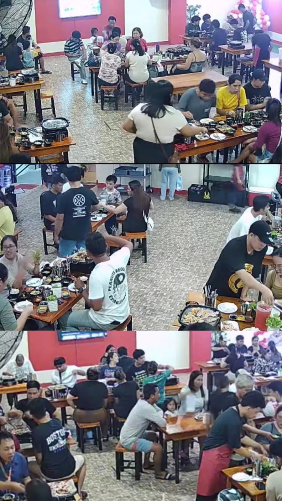 CCTV stills of a full samgyupsal restaurant, diners at every grill table